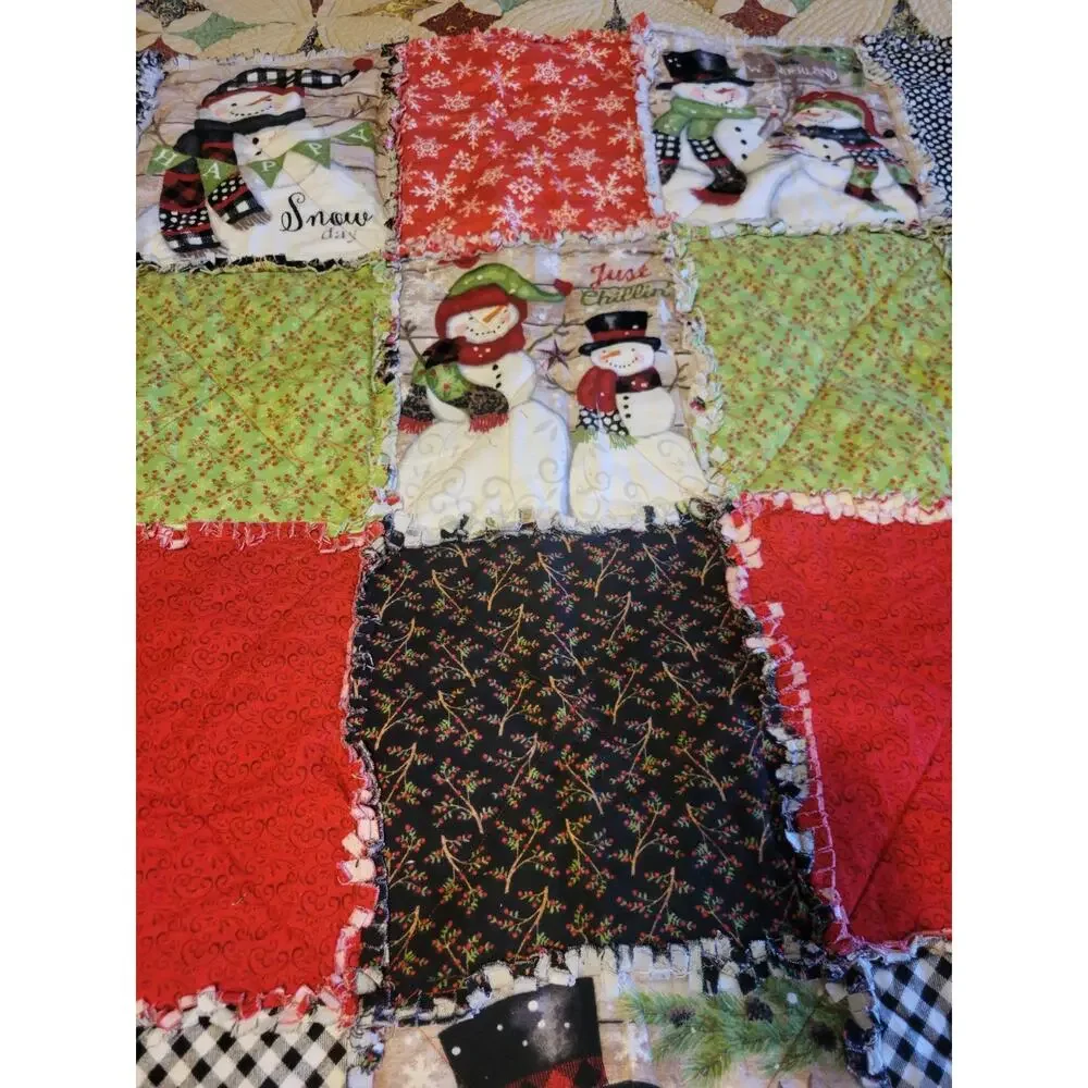Handmade Snowman Rag Quilt Throw Farmhouse Christmas Holiday Blanket 43 x 48 in